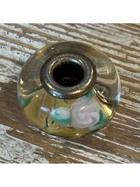 TROLLBEADS Murano clear glass bead gold inset pink flowers green leaves ss core